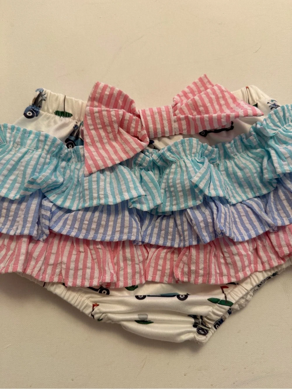 Girls Pink Striped Ruffle Two-Piece Set with Car Applique